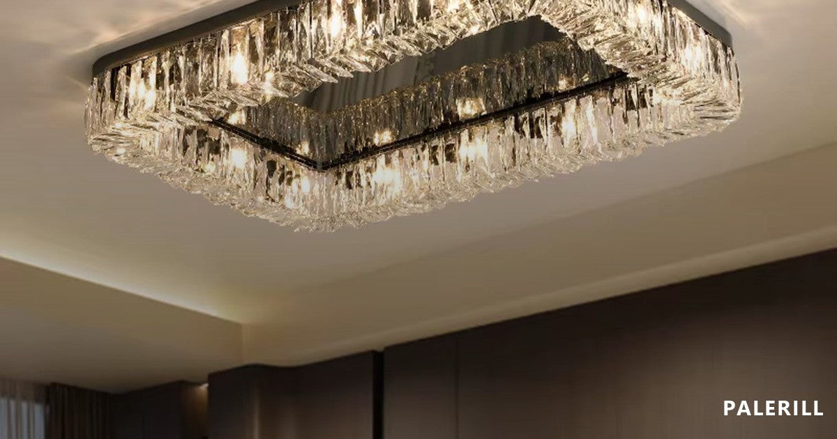 Rectangular crystal chandelier mounted on a timber ceiling