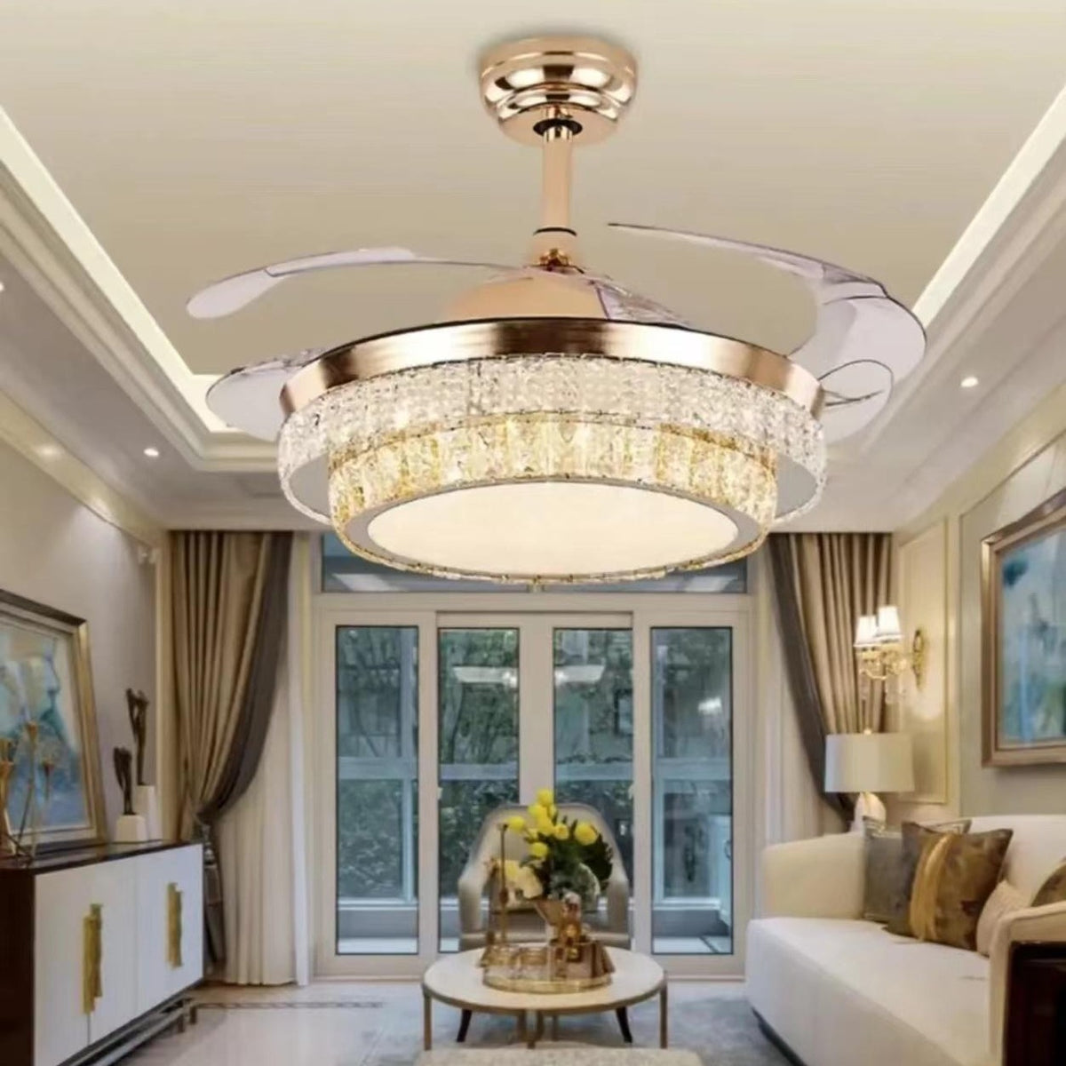 AM0641 — Light Luxury Crystal Ceiling Fan Light for Dining Rooms