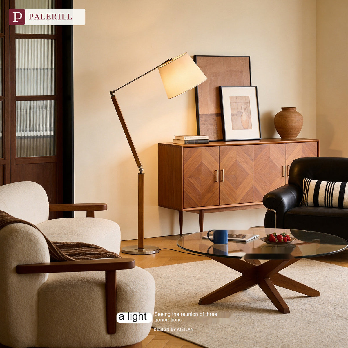 PALERILL | Mid-Century Solid Wood Swing-Arm Floor Lamp