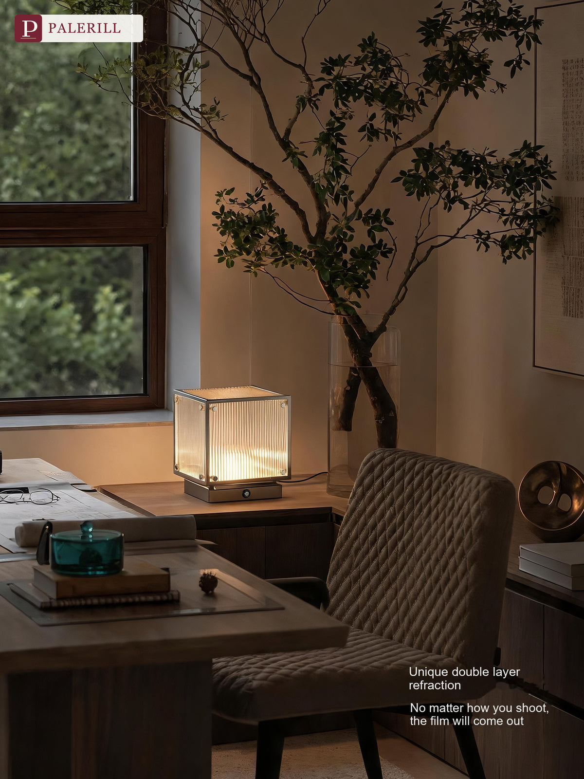 PALERILL | Glass Cube Table Lamp with 3-Color Ambient Light