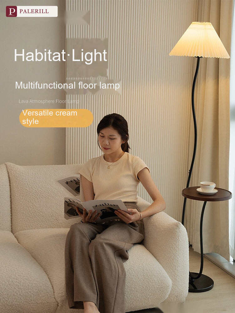 PALERILL | Cream Wood-Tone Floor Lamp with Built-In Side Table