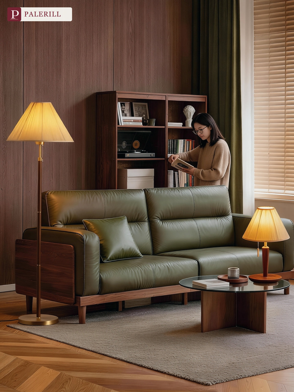 PALERILL | Mid-Century Pleated Walnut Floor Lamp