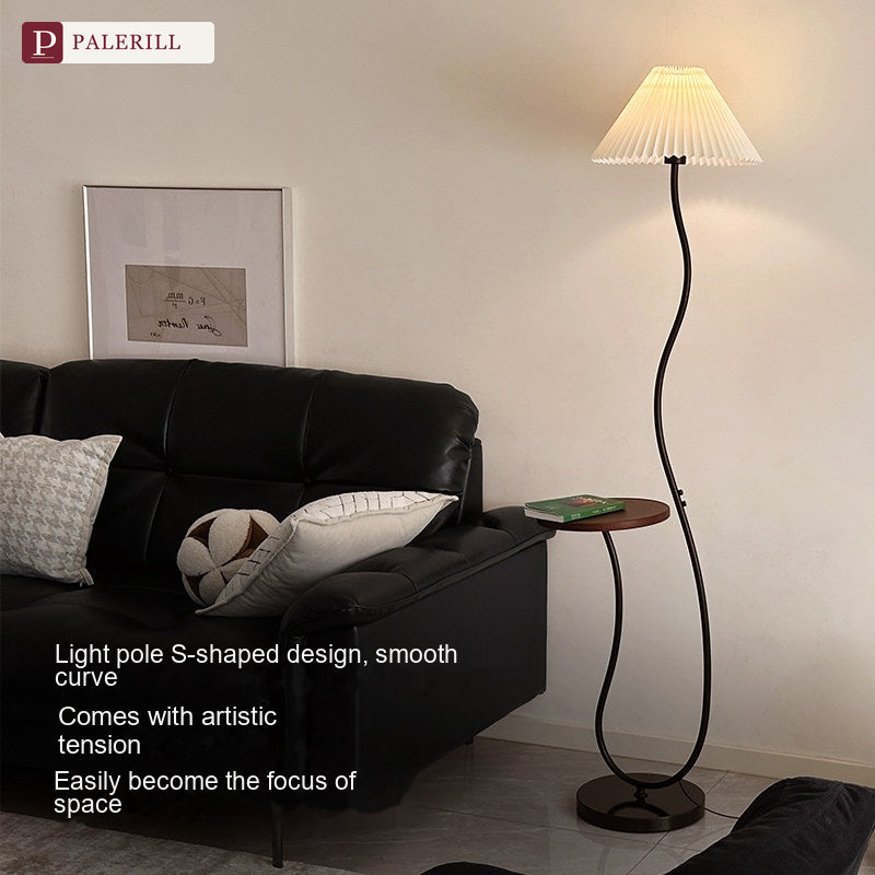 PALERILL | Cream Wood-Tone Floor Lamp with Built-In Side Table