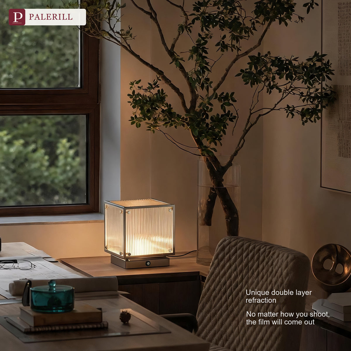 PALERILL | Glass Cube Table Lamp with 3-Color Ambient Light