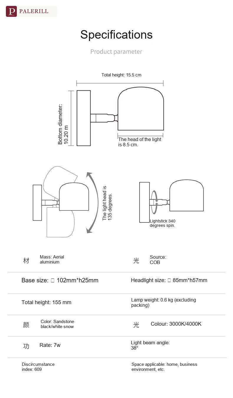 PALERILL | Full-Spectrum Vanity Wall Light for Bathroom & Bedside