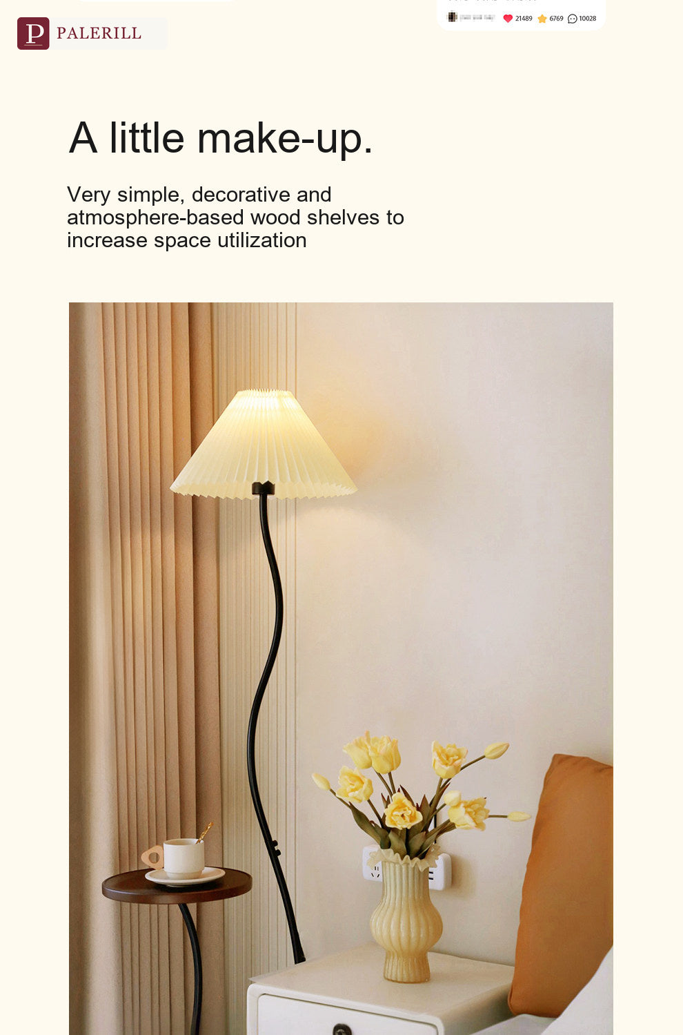 PALERILL | Cream Wood-Tone Floor Lamp with Built-In Side Table