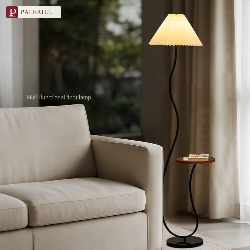 PALERILL | Cream Wood-Tone Floor Lamp with Built-In Side Table