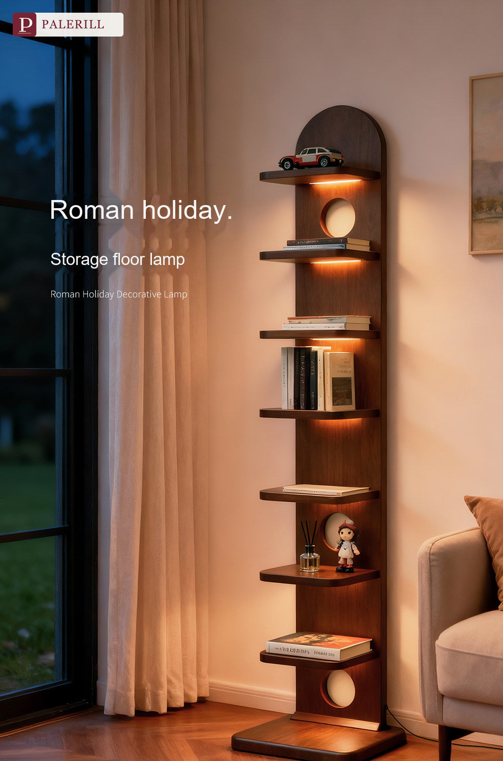 PALERILL | Vintage Solid Wood Bookshelf Floor Lamp