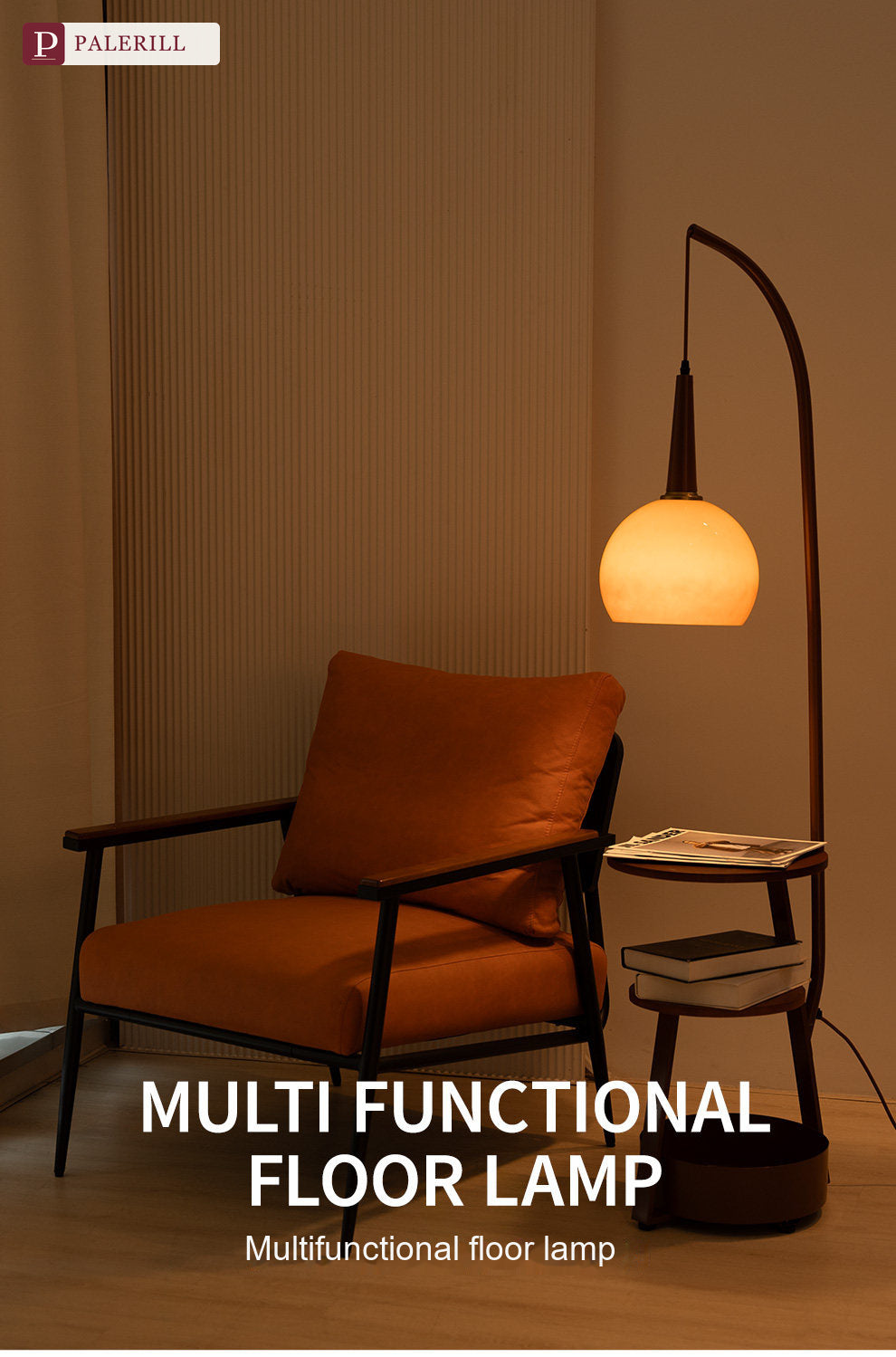 PALERILL | Mid-Century Floor Lamp with Integrated Side Table