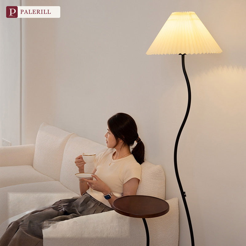 PALERILL | Cream Wood-Tone Floor Lamp with Built-In Side Table