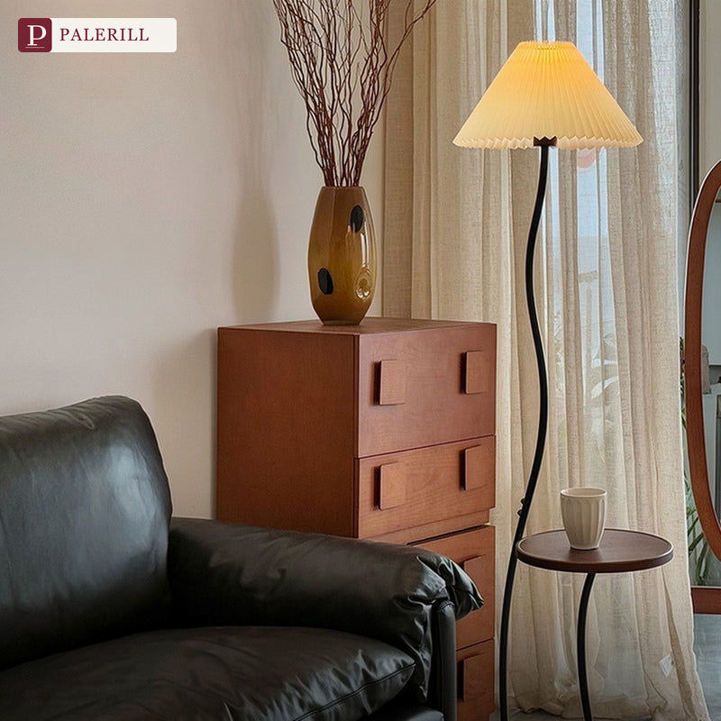 PALERILL | Cream Wood-Tone Floor Lamp with Built-In Side Table