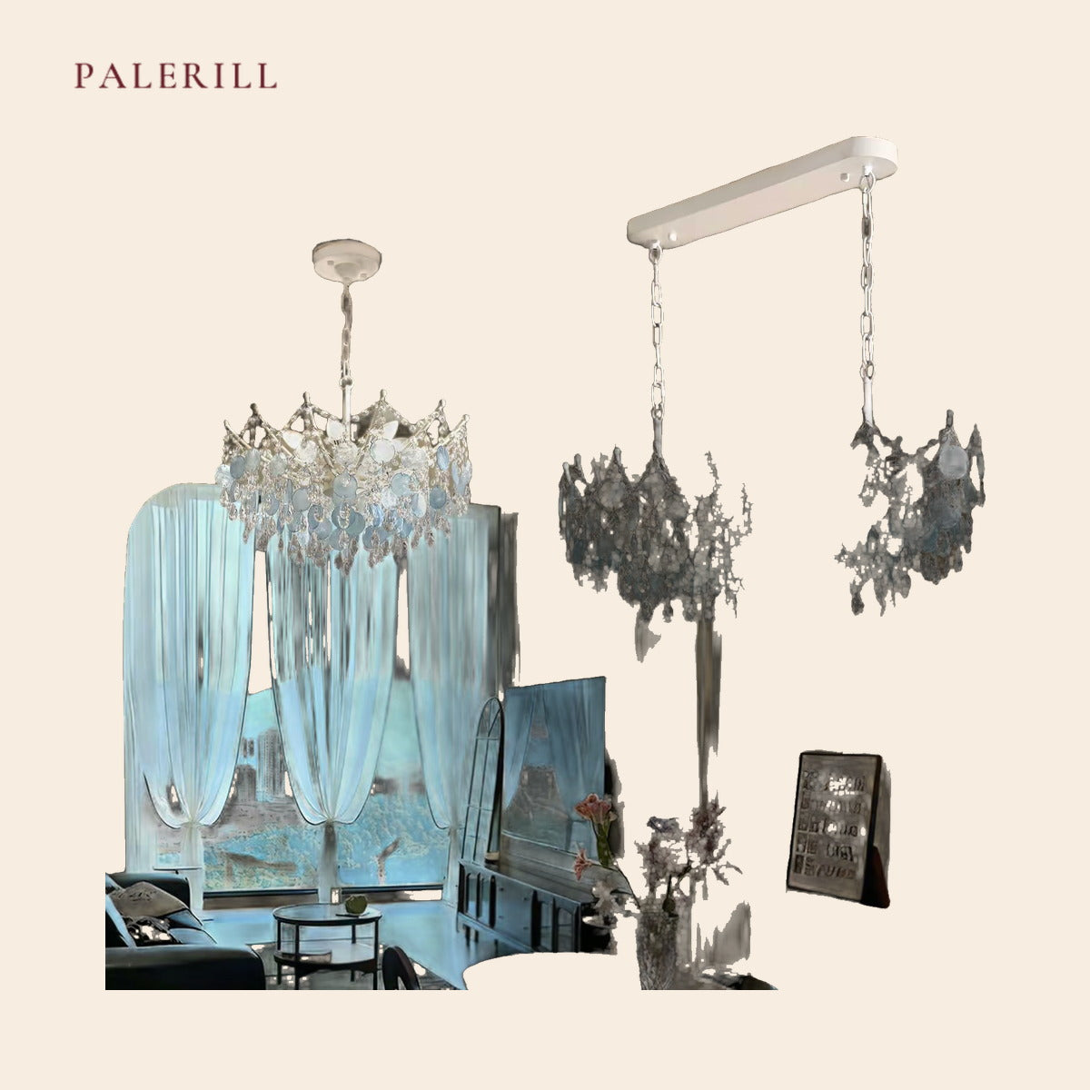 PALERILL AM0262 — Vintage Blue Shell & Crystal Chandelier (view 3)