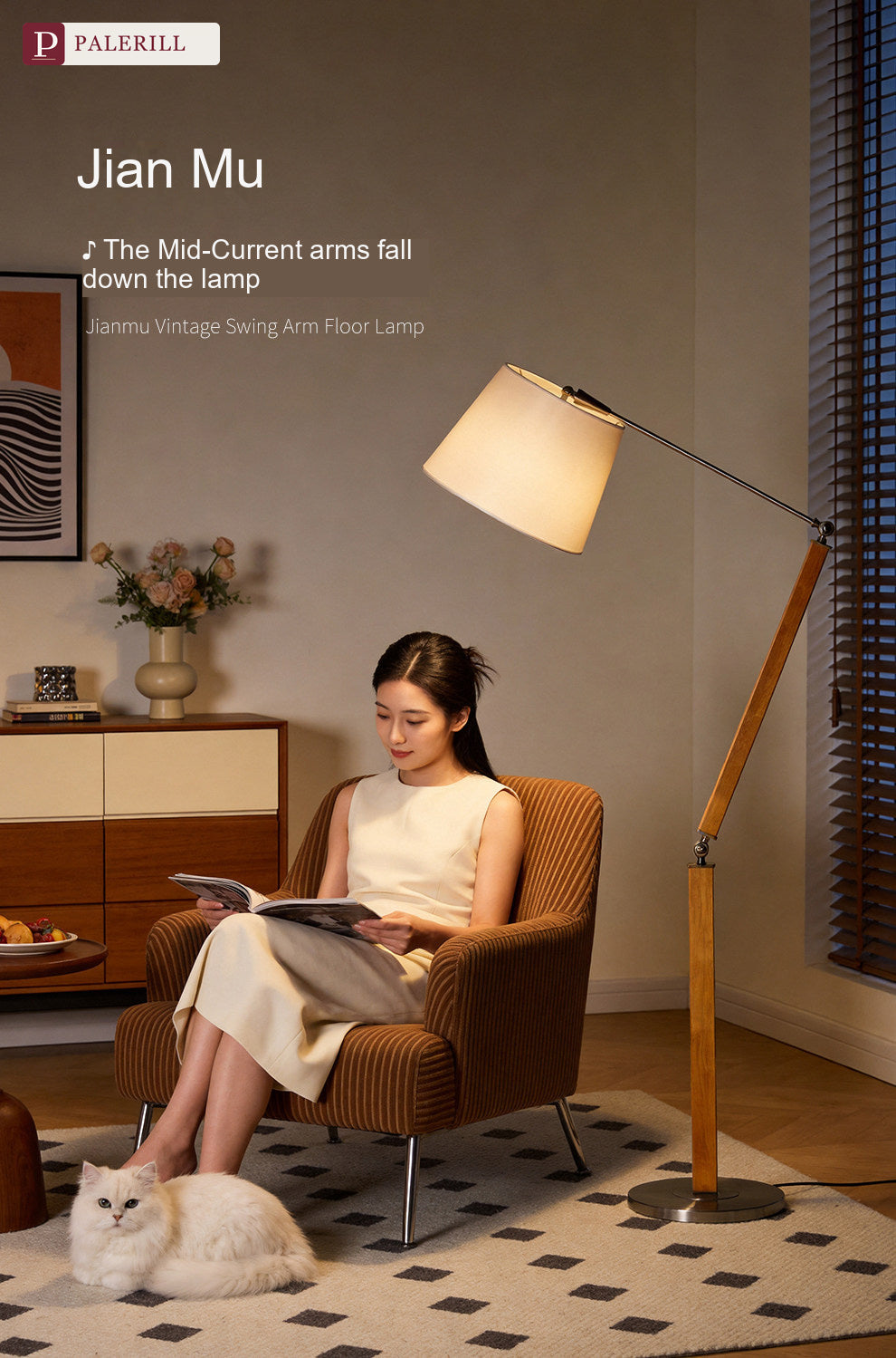 PALERILL | Mid-Century Solid Wood Swing-Arm Floor Lamp