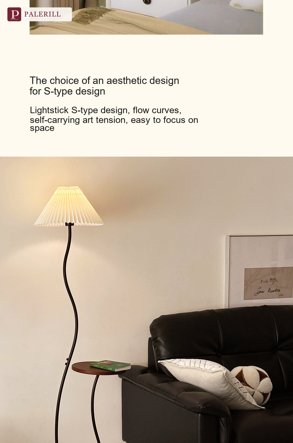 PALERILL | Cream Wood-Tone Floor Lamp with Built-In Side Table