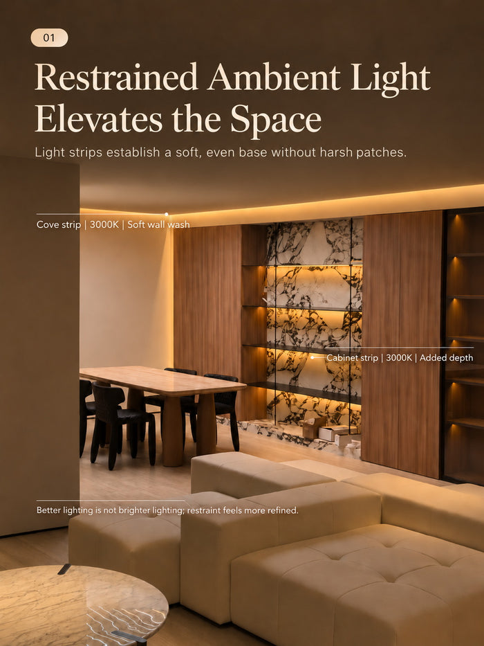 Residential lighting scheme with layered ambient, wall wash and accent light