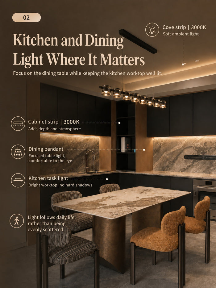 Residential lighting scheme with layered ambient, wall wash and accent light