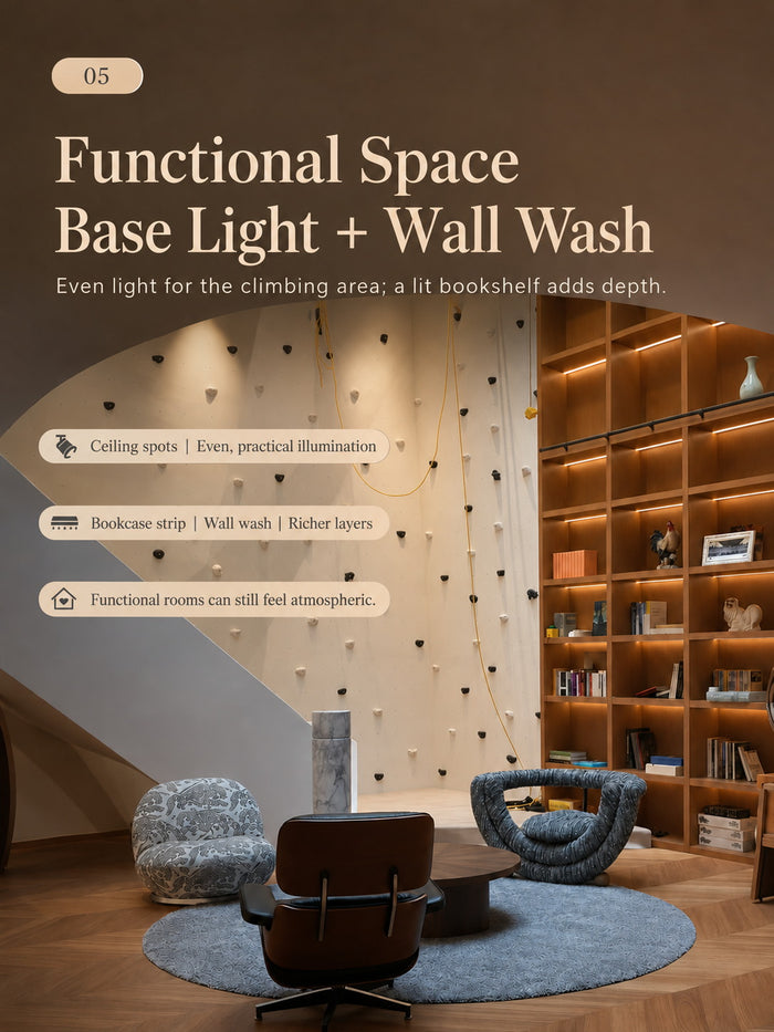 Residential lighting scheme with layered ambient, wall wash and accent light