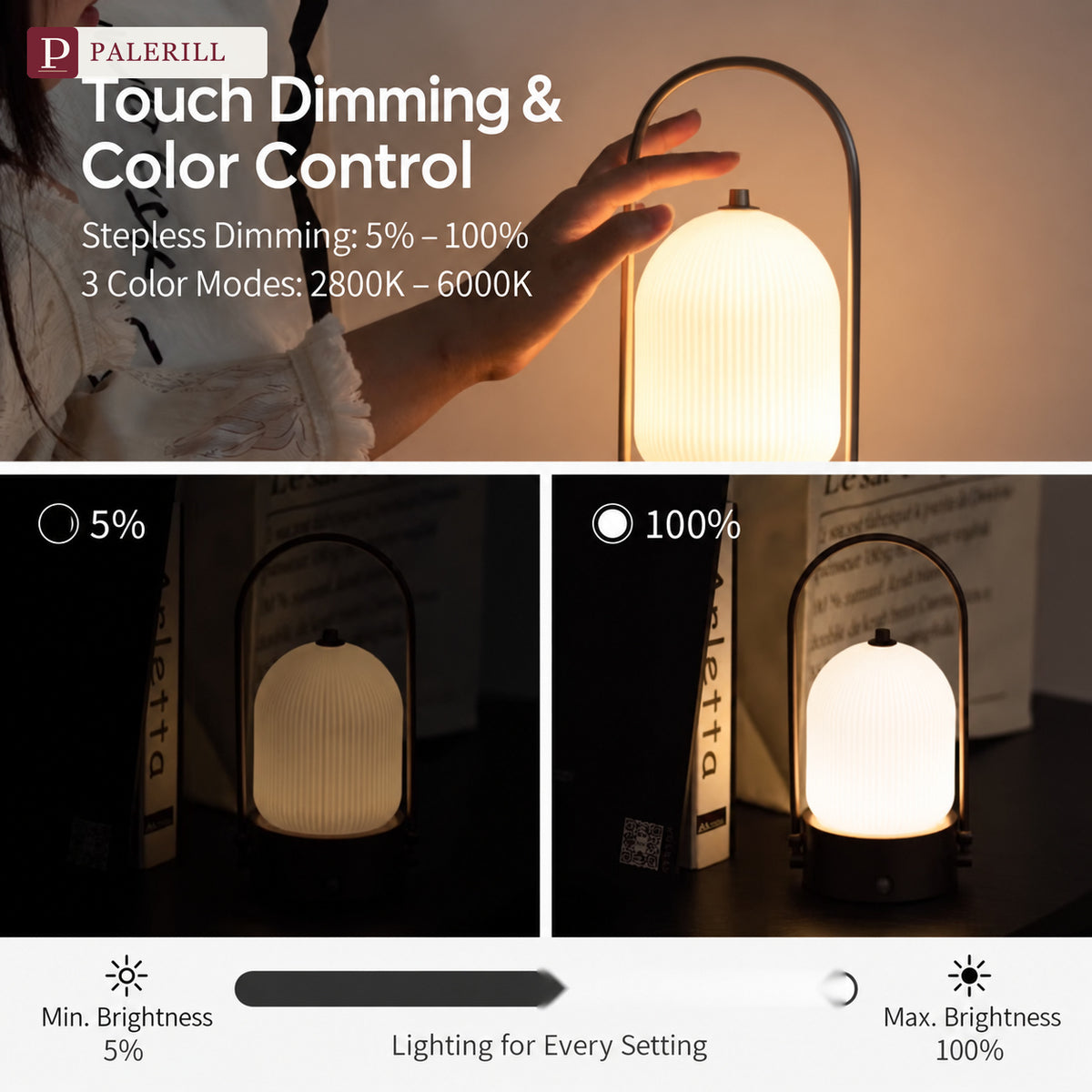 PALERILL | Glazed Glass Portable Table Lamp with Motion Sensor & Touch Dimming