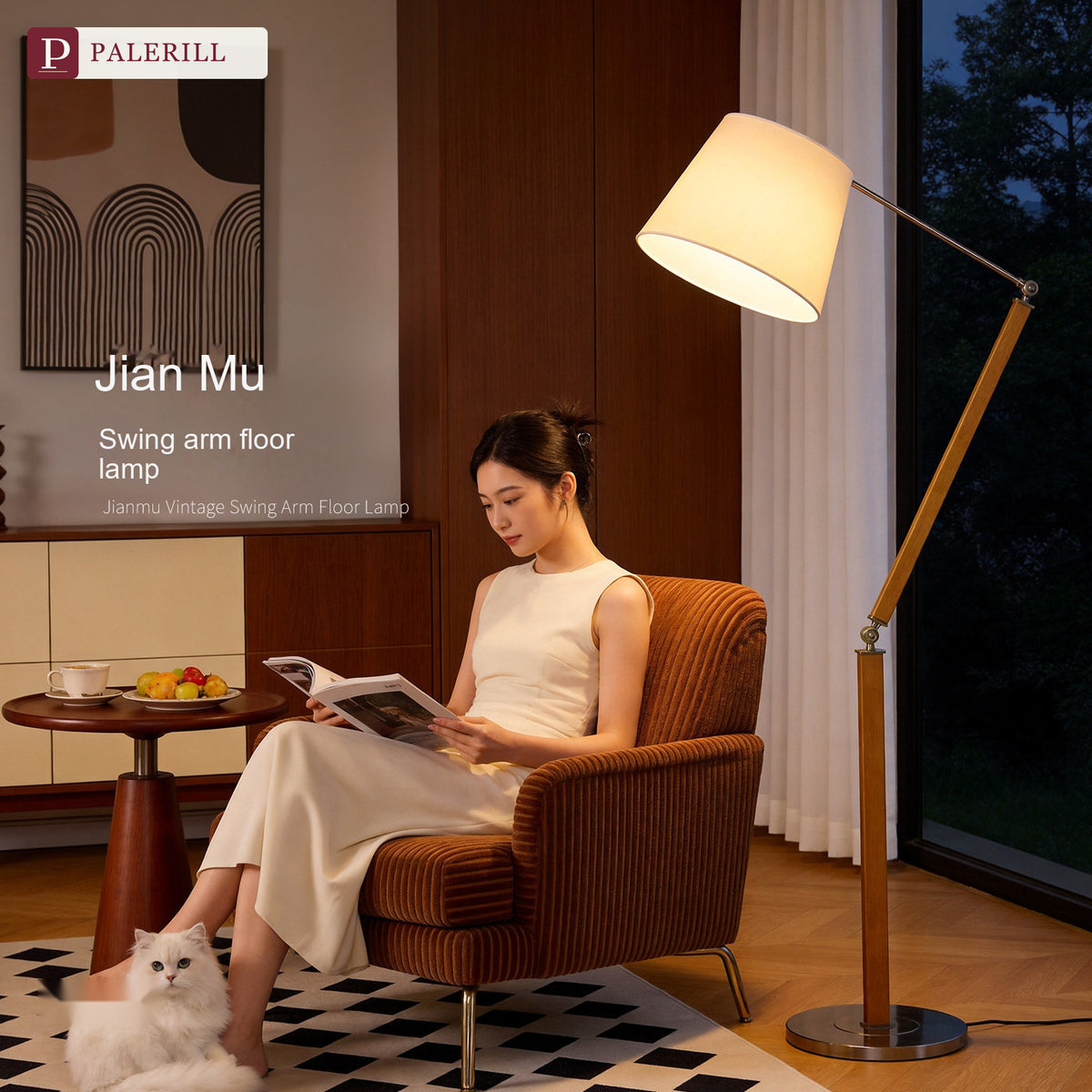 PALERILL | Mid-Century Solid Wood Swing-Arm Floor Lamp