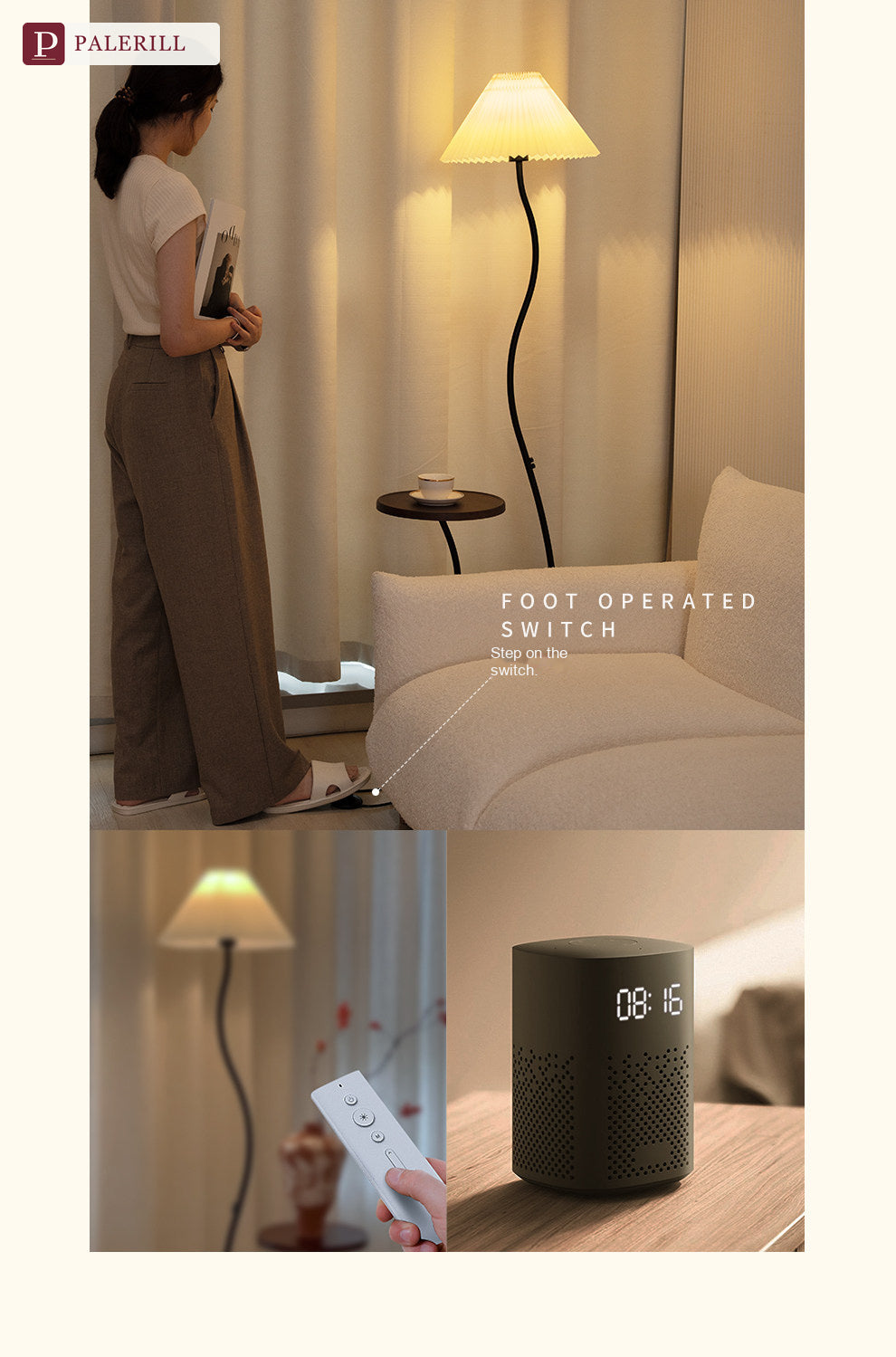 PALERILL | Cream Wood-Tone Floor Lamp with Built-In Side Table