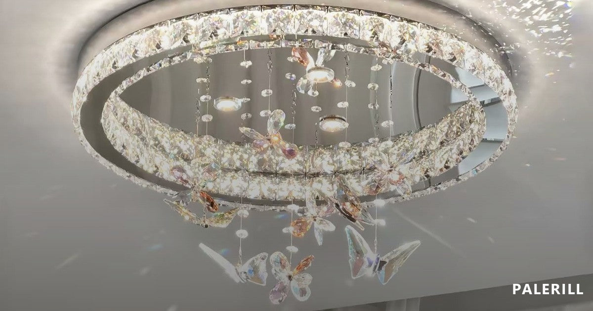 Large crystal ring chandelier photographed from below