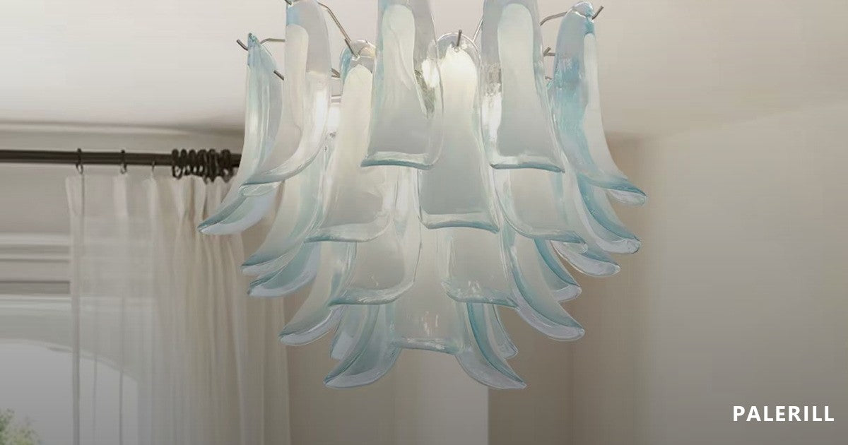 Sculptural glass petal chandelier in soft blue and white