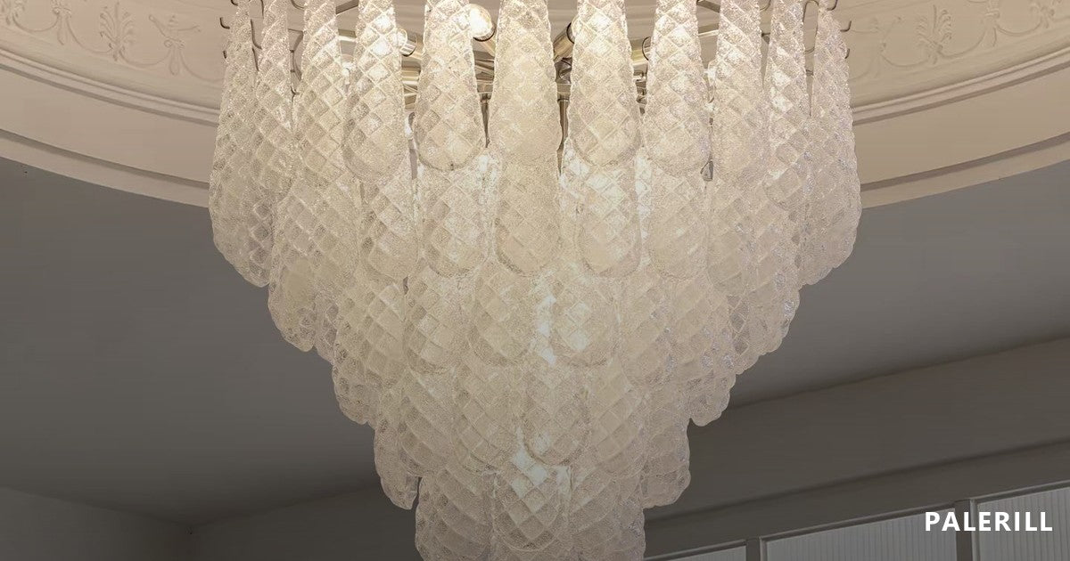 Layered white crystal cascade specified for a hospitality interior