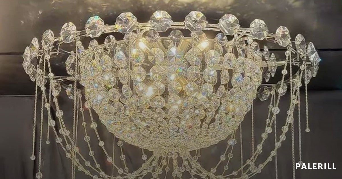 Classic crystal basket chandelier in a double-storey entrance