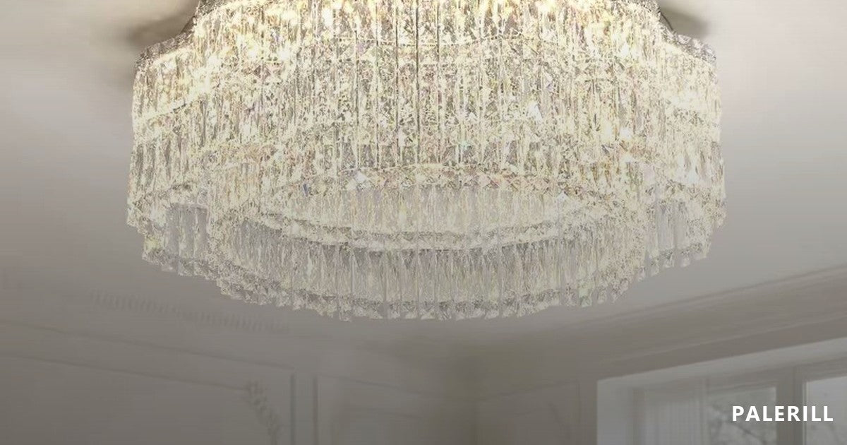 Crystal drum chandelier with a measured 200 cm diameter hanging in a panelled room, shown against ceiling moulding and a window for scale