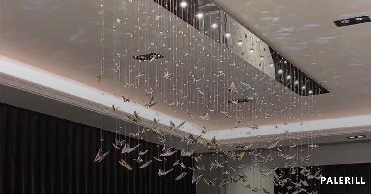 Linear crystal chandelier running along a high ceiling