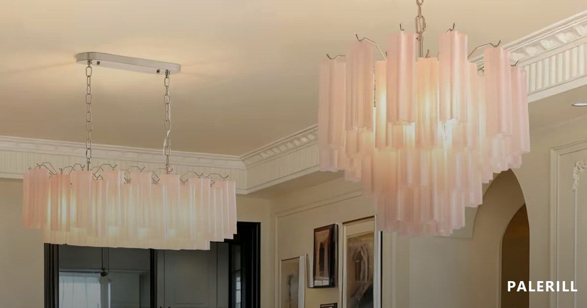 Two lit crystal chandeliers in a cream-painted interior: a linear fixture on chains on the left and a round cascading fixture on the right, photographed with the ceiling and the room in frame so the hanging height reads