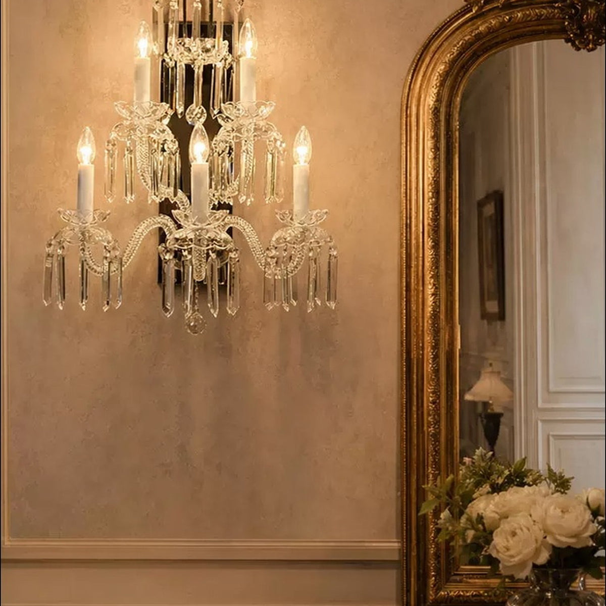 AM0857 — French Crystal Stainless Steel Wall Light for Tea Rooms & Hotels