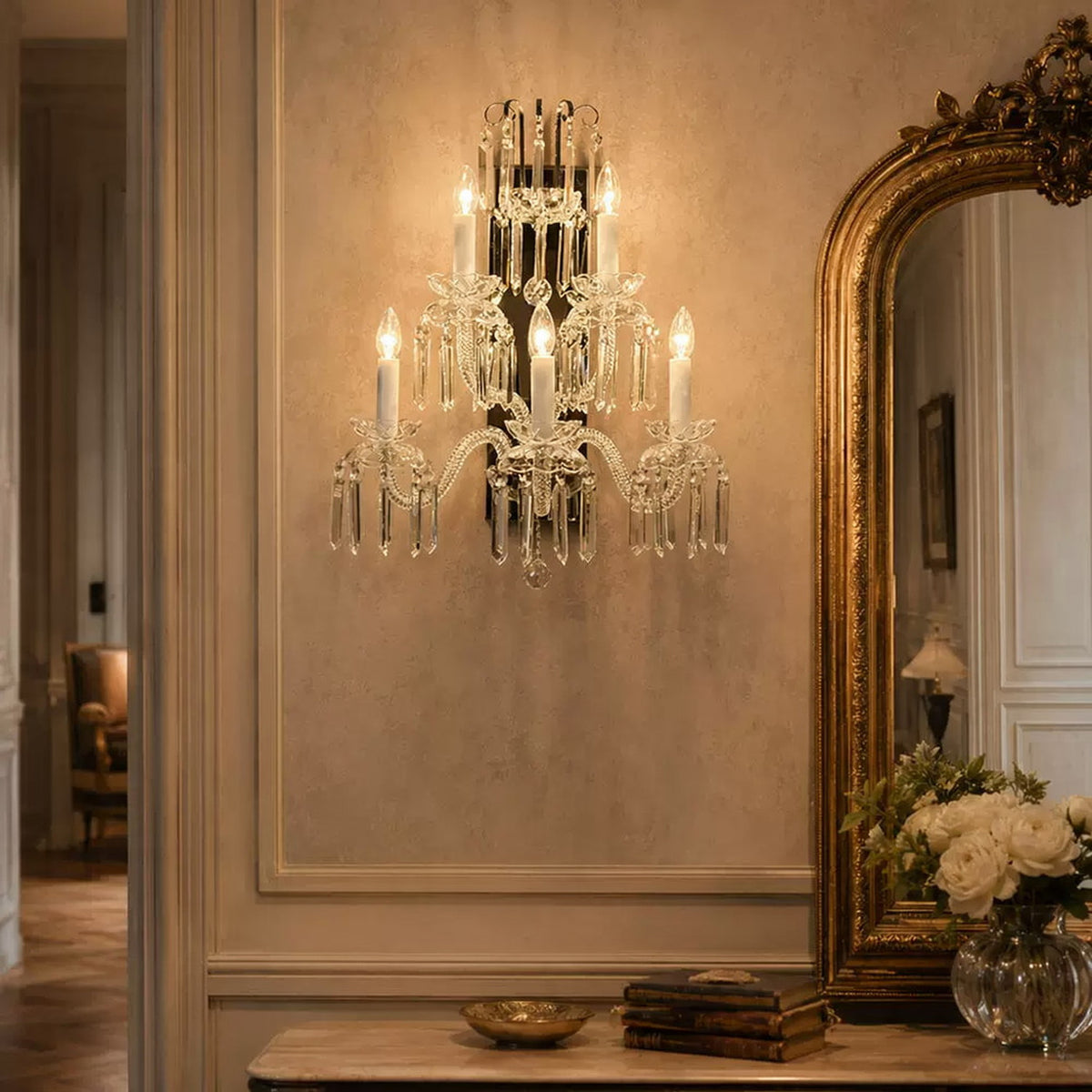 AM0857 — French Crystal Stainless Steel Wall Light for Tea Rooms & Hotels