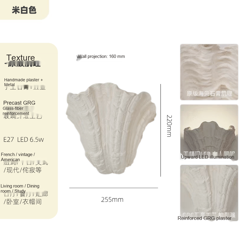 Sculpted Plaster Shell Wall Light — AM0250, view 2