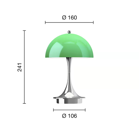 Small rechargeable · Green + Chrome · Top touch switch · Translucent shade