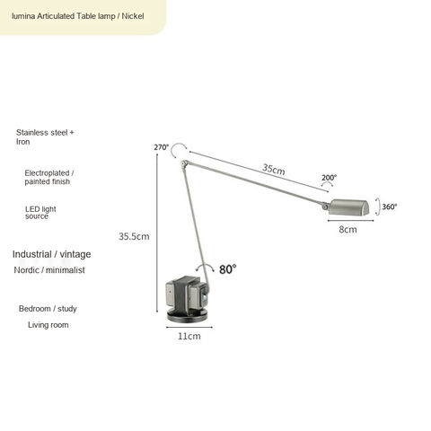 Articulated Table lamp · Nickel · Chinese flat-pin plug · Push-button switch