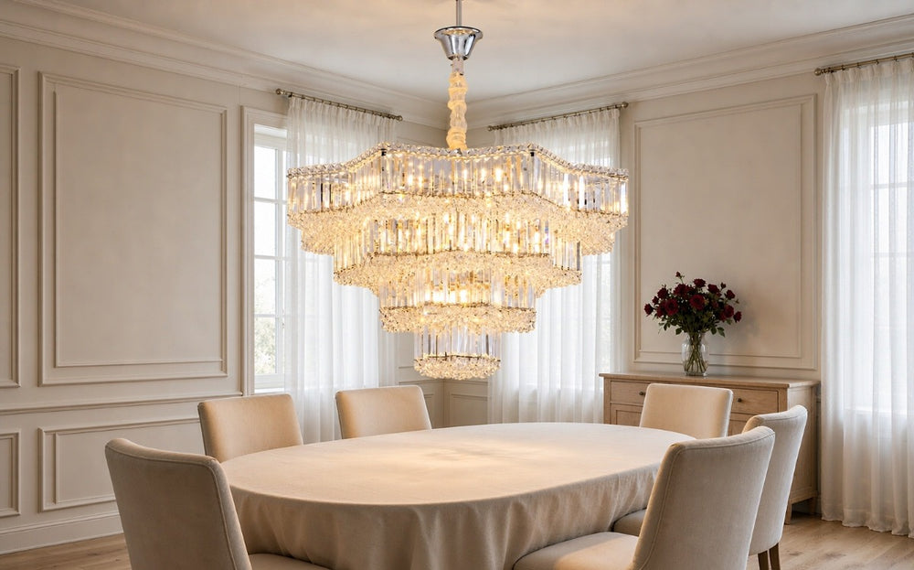 Tiered crystal chandelier above an oval dining table in a panelled dining room