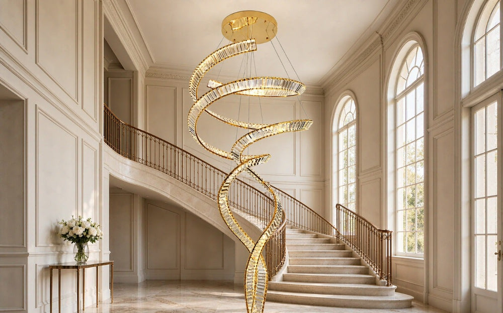 Gold ribbon spiral crystal chandelier in a grand double-height foyer with a curving staircase