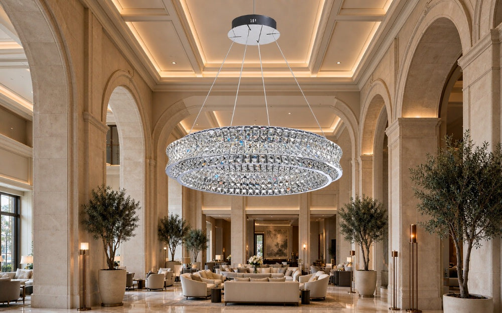Double-ring crystal drum chandelier in a luxury hotel lobby lounge