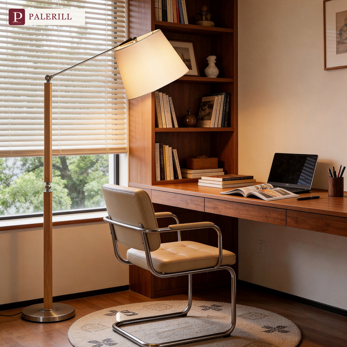PALERILL | Mid-Century Solid Wood Swing-Arm Floor Lamp