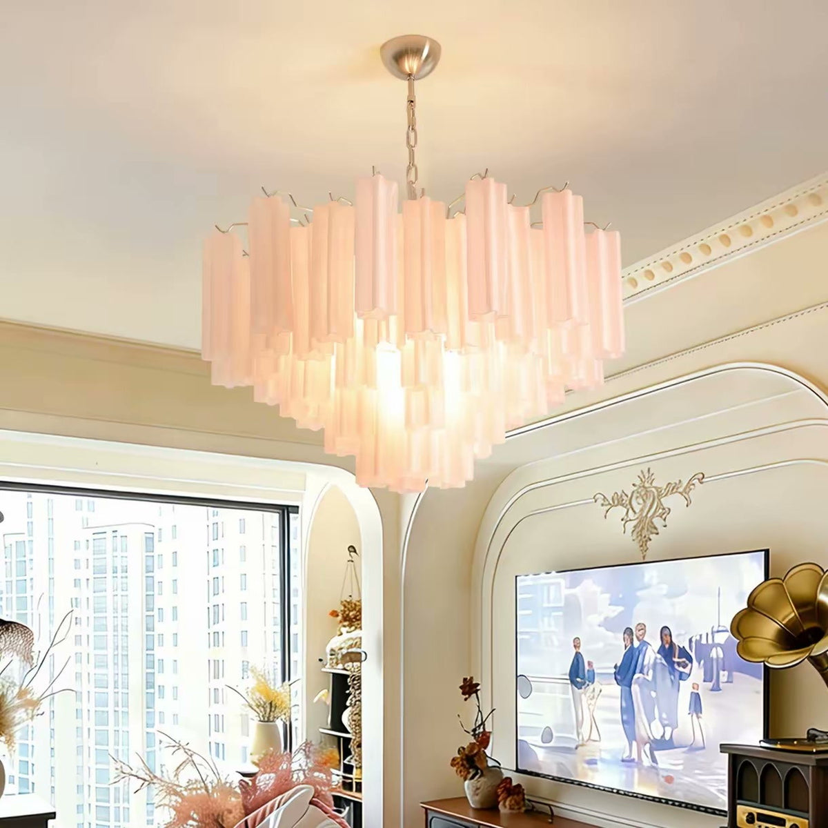 PALERILL AM0265 — Murano Pink Glass Nanyang Chandelier (view 3)
