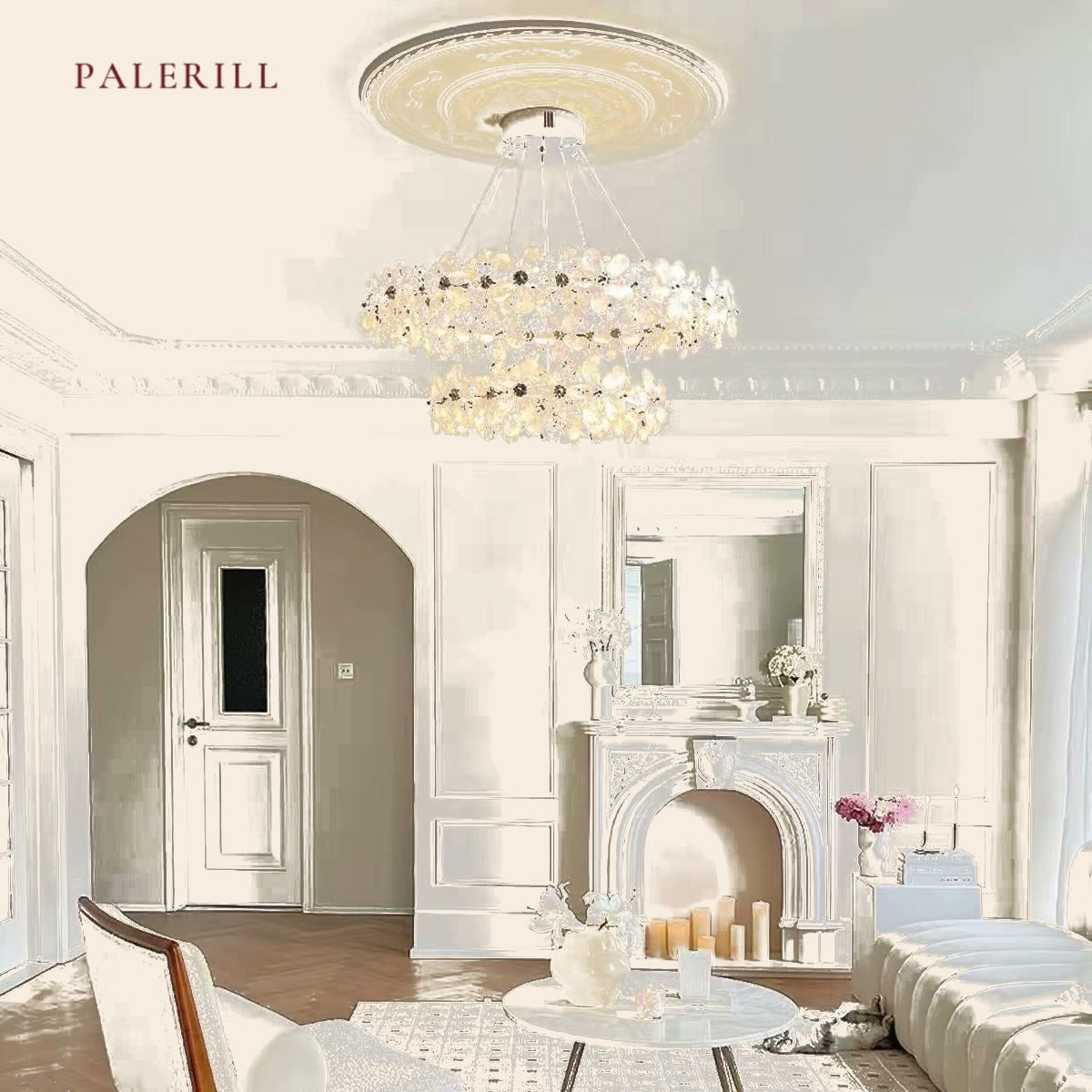 PALERILL AM0310 — French Cream Flower Crystal Chandelier (view 4)