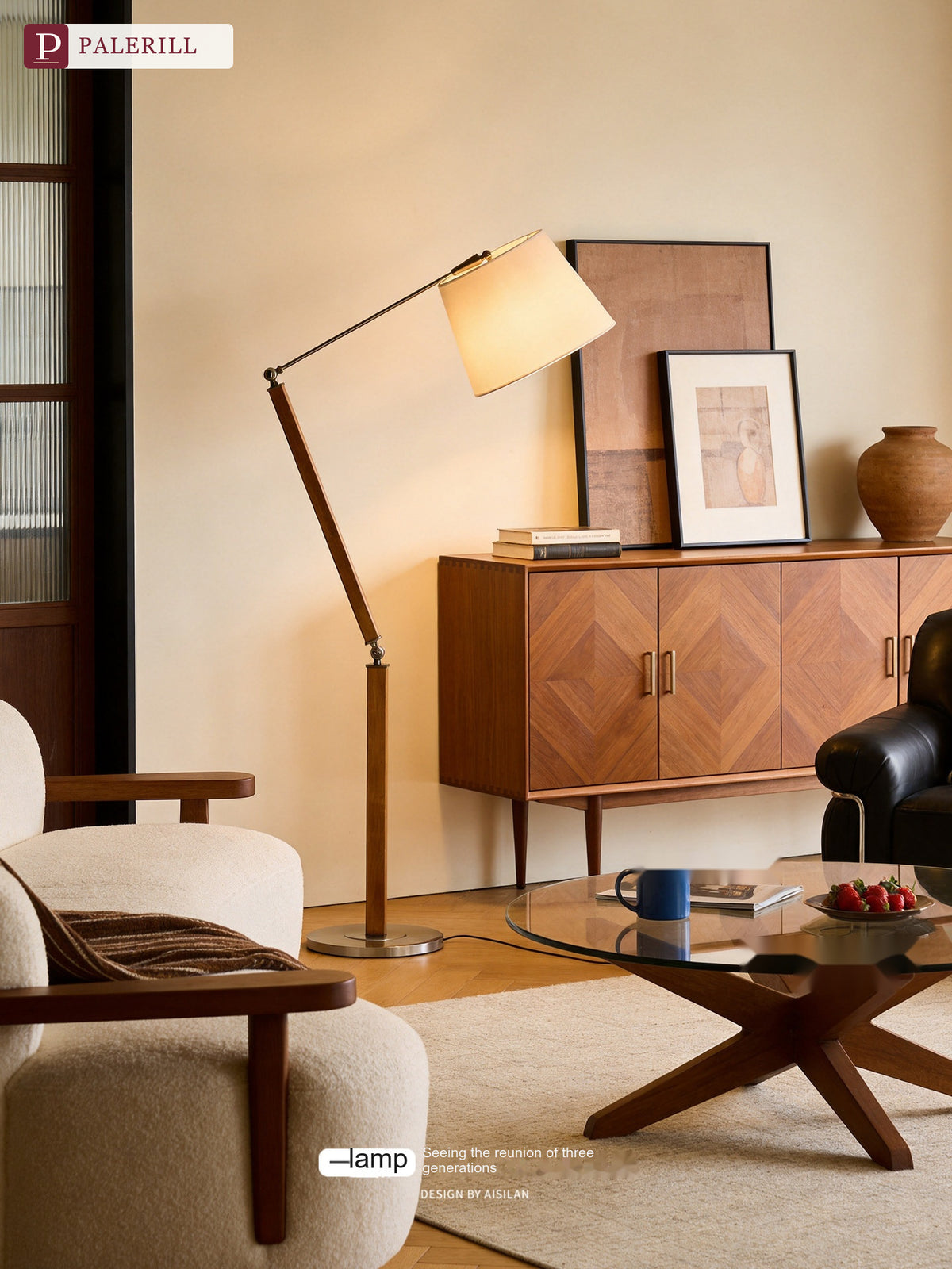 PALERILL | Mid-Century Solid Wood Swing-Arm Floor Lamp