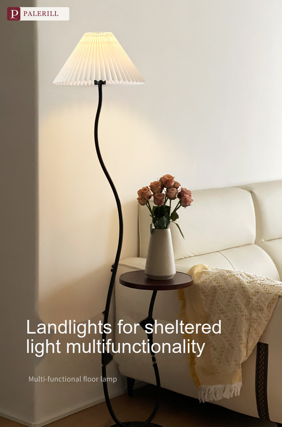 PALERILL | Cream Wood-Tone Floor Lamp with Built-In Side Table
