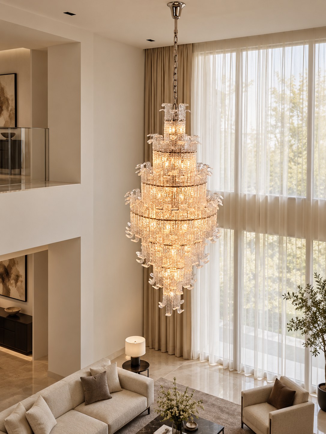 Tiered crystal cascade chandelier installed in a double-height private residence
