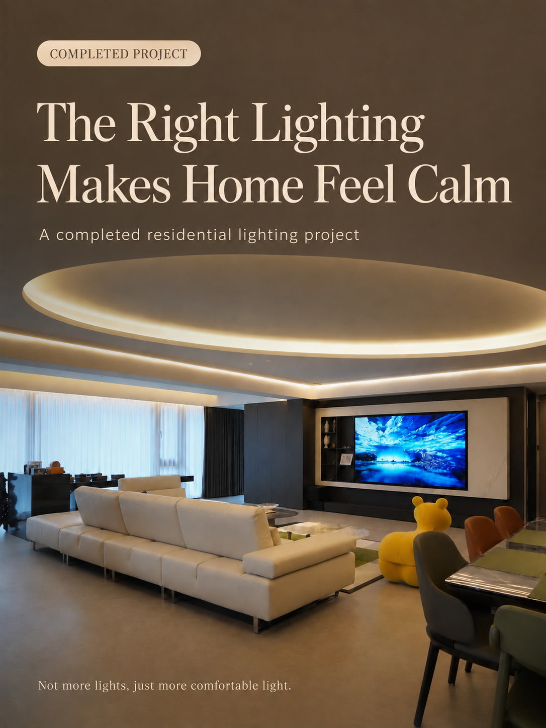 Residential lighting scheme with layered ambient, wall wash and accent light