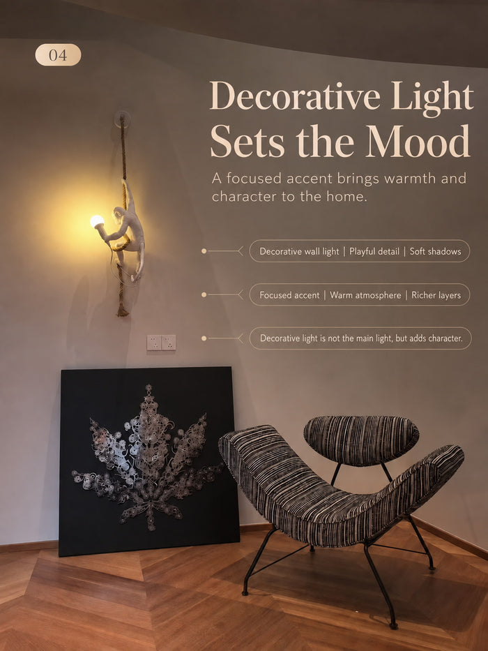 Residential lighting scheme with layered ambient, wall wash and accent light