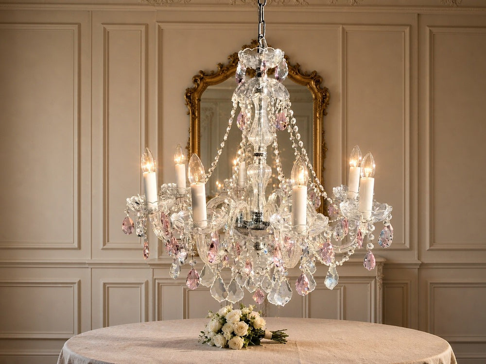 Crystal and blush-pink candle chandelier in a French panelled dining room